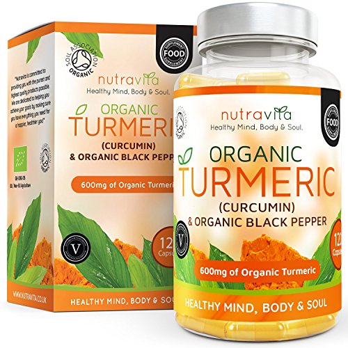 Turmeric - Cúrcuma orgánica 600 mg, con Curcumina y Bioperina, 120 cápsulas vegetarianas certificadas y orgánicas, fabricadas en Reino Unido
