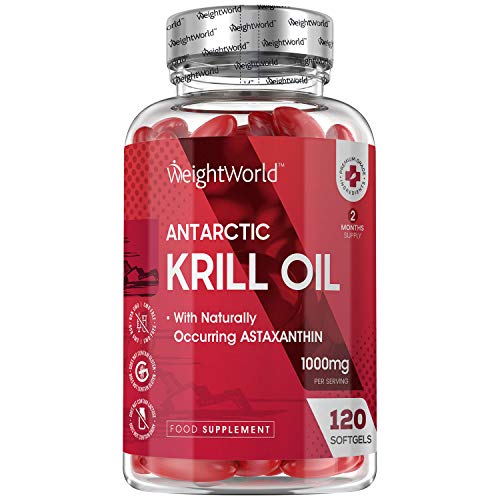 Aceite de Krill Antártico 1000 mg 120 Cápsulas - Potente Fuente de Ácidos Grasos Omega 3, EPA y DHA y de Astaxantina Natural, Perlas de Aceite de Krill, Fosfolípidos de Omega 3 de Alta Absorción
