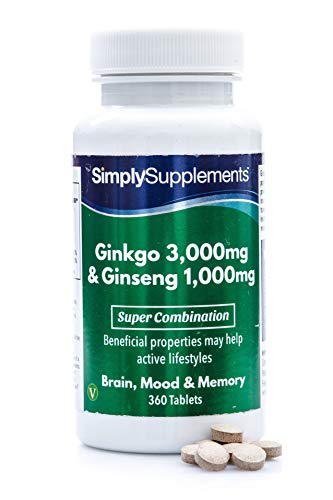 Ginkgo Biloba y Ginseng Coreano- ¡Bote para 6 meses! - Apto para veganos - 360 Comprimidos - SimplySupplements
