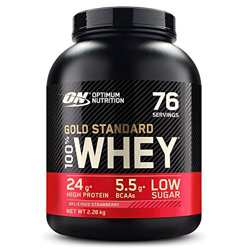 Optimum Nutrition Gold Standard 100% Whey Proteína en Polvo, Glutamina y Aminoácidos Naturales, BCAA, Fresa Deliciosa, 76 Porciones, 2,28kg, Embalaje Puede Variar