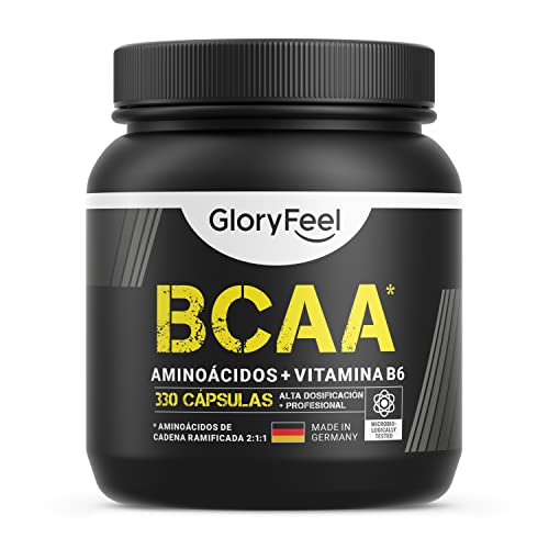 BCAA 330 Cápsulas - 9.910mg de BCAA por dosis diaria - Aminoácidos esenciales Leucina, Valina e Isoleucina + Vitamina B6 - Probado en laboratorios y sin aditivos - Fabricado en Alemania